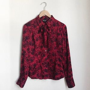Stunning Vintage 100% Silk Red Rose Print Blouse